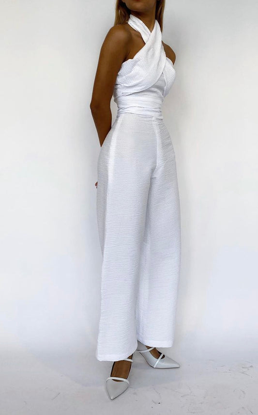 Crossed neck jumpsuit white